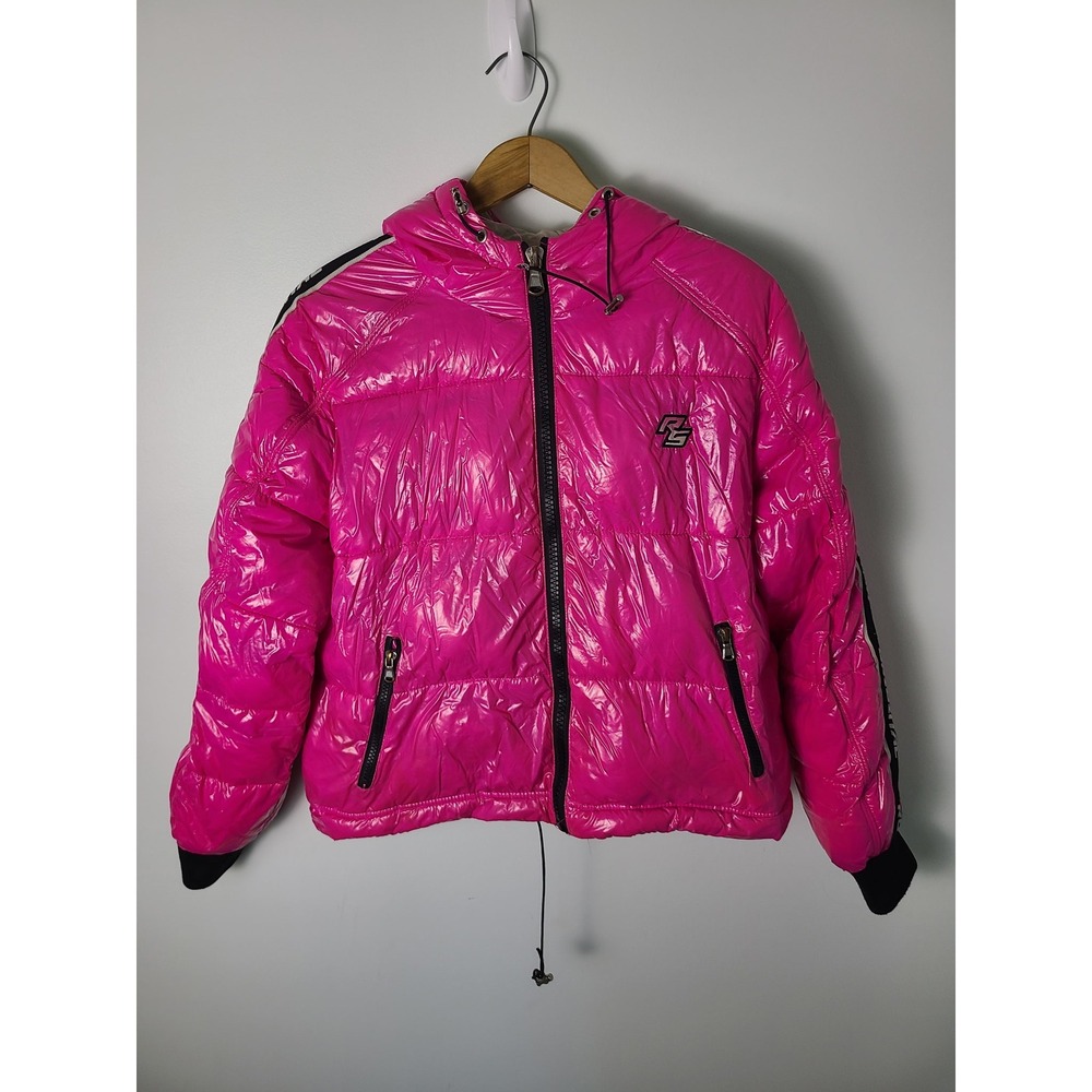 Rockstar Original Wm Sm Puffer Jacket Hot Pink Shiny Hooded Logo Tape Y2K Street